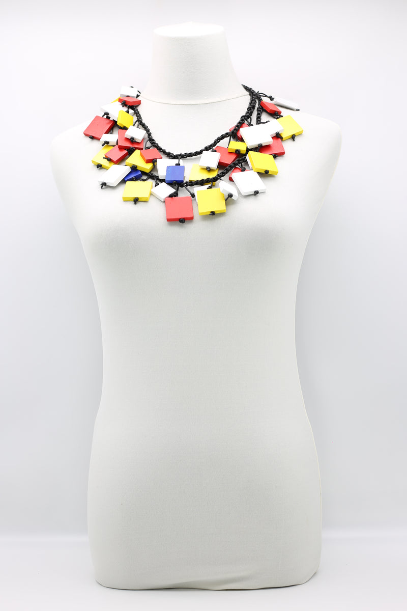 Mondrian Collection - Wooden Squares on Cotton Cord Necklace - Medium - Jianhui London