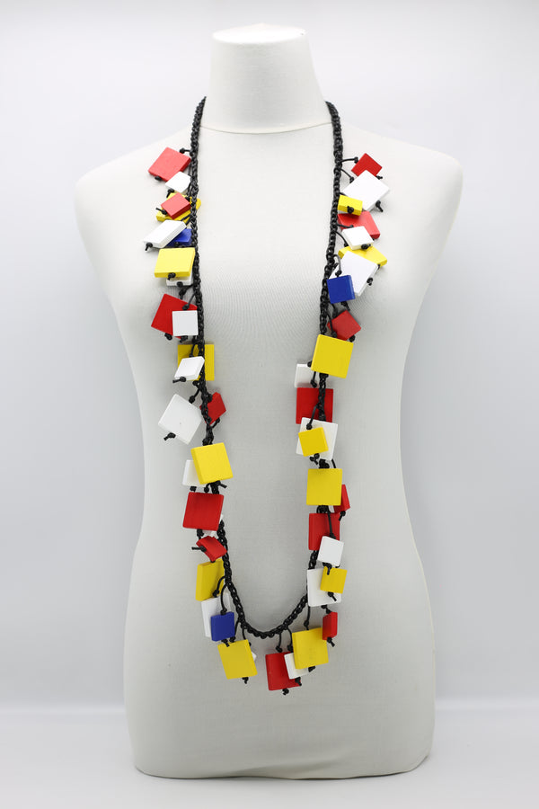 Mondrian Collection - Wooden Squares on Cotton Cord Necklace - Medium - Jianhui London