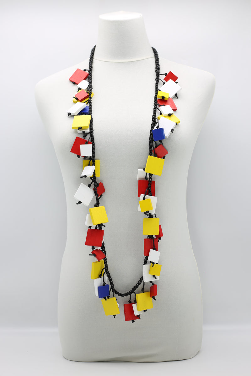 Mondrian Collection - Wooden Squares on Cotton Cord Necklace - Medium - Jianhui London
