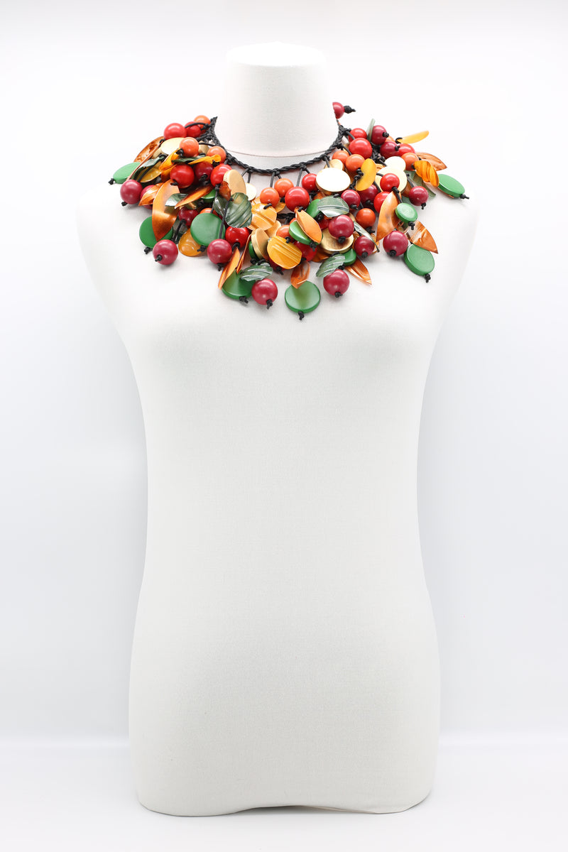 Vintage Inspired Wooden Beads and Plastic Leaf Mixed Fruit Necklace - Medium - Jianhui London