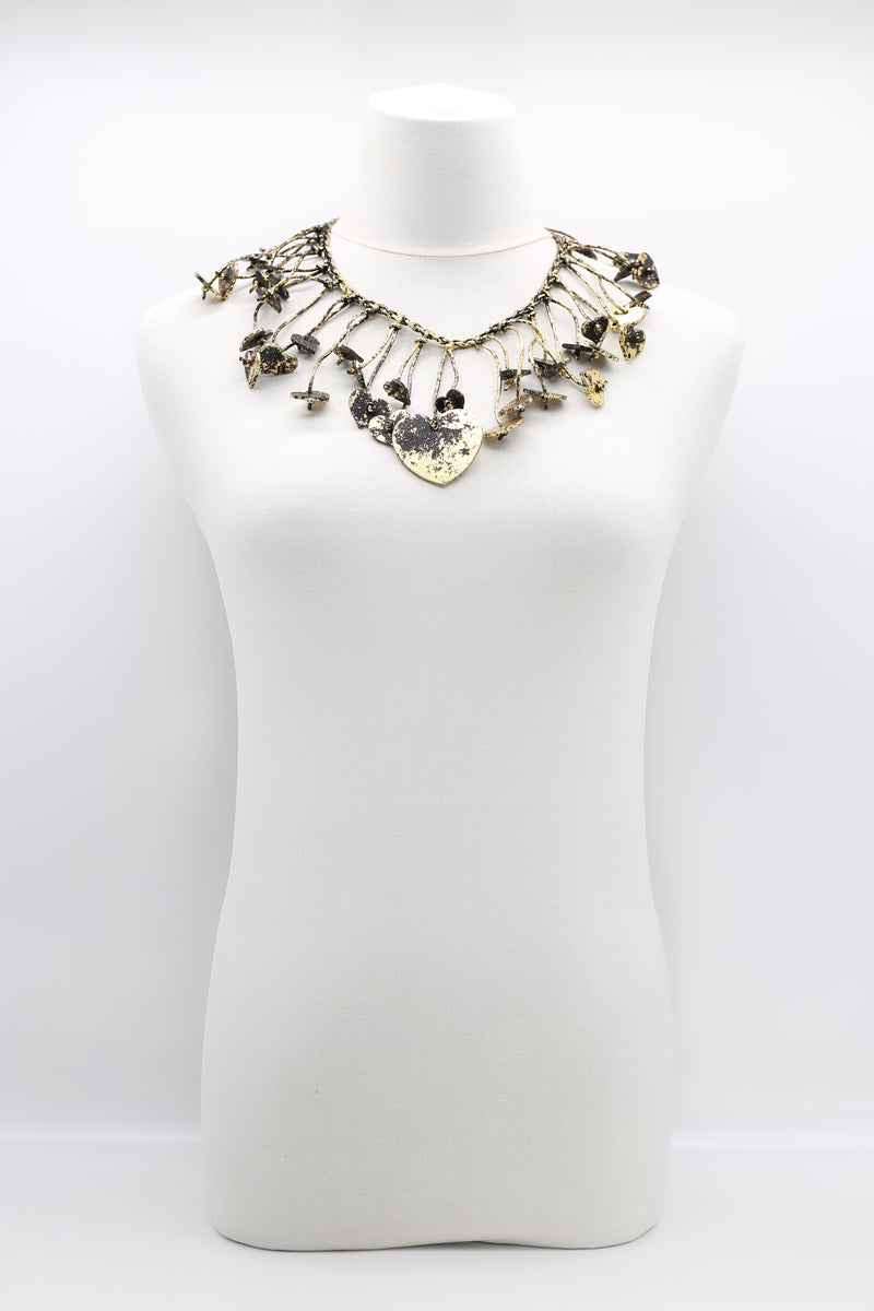 HAND GILDED WOODEN HEARTS ON LEATHERETTE NECKLACE - SHORT - Jianhui London