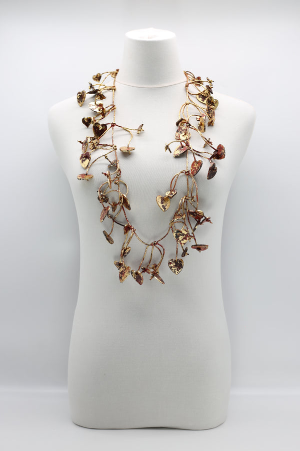 HAND GILDED WOODEN HEARTS ON LEATHERETTE FISHBONE NECKLACE - Jianhui London