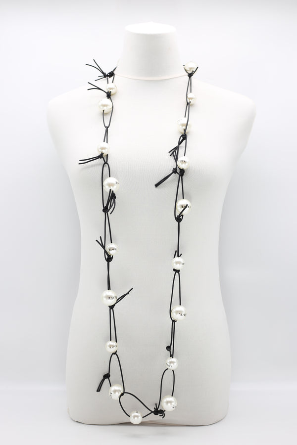 White faux pearls with LOVE on black leatherette chain - Jianhui London