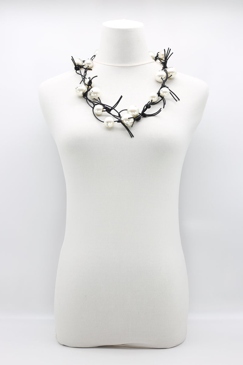 White faux pearls with LOVE on black leatherette chain - Jianhui London