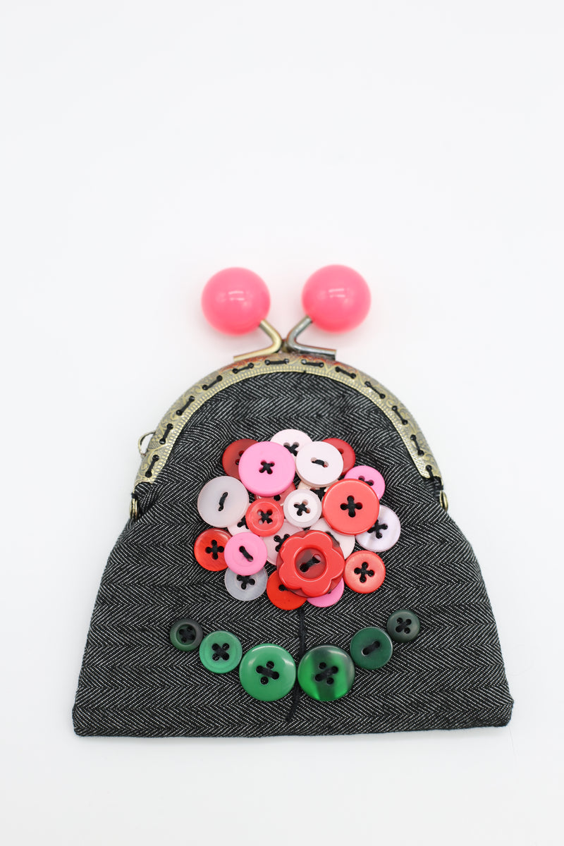 HANDMADE SMALL PURSES - RECYCLED CHARCOAL DENIM AND BUTTONS - Jianhui London