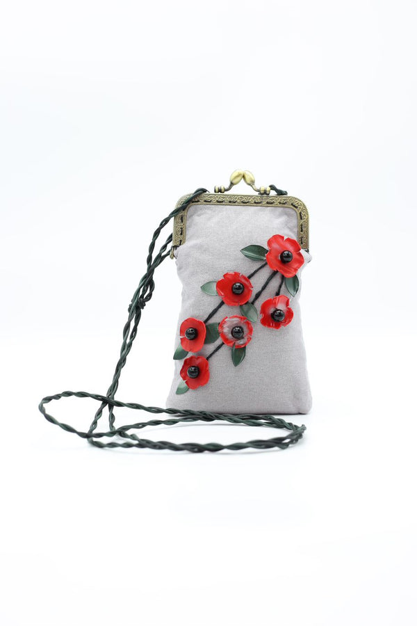 Handmade Glasses Case with Leatherette Strap - Poppy with leaves - Jianhui London